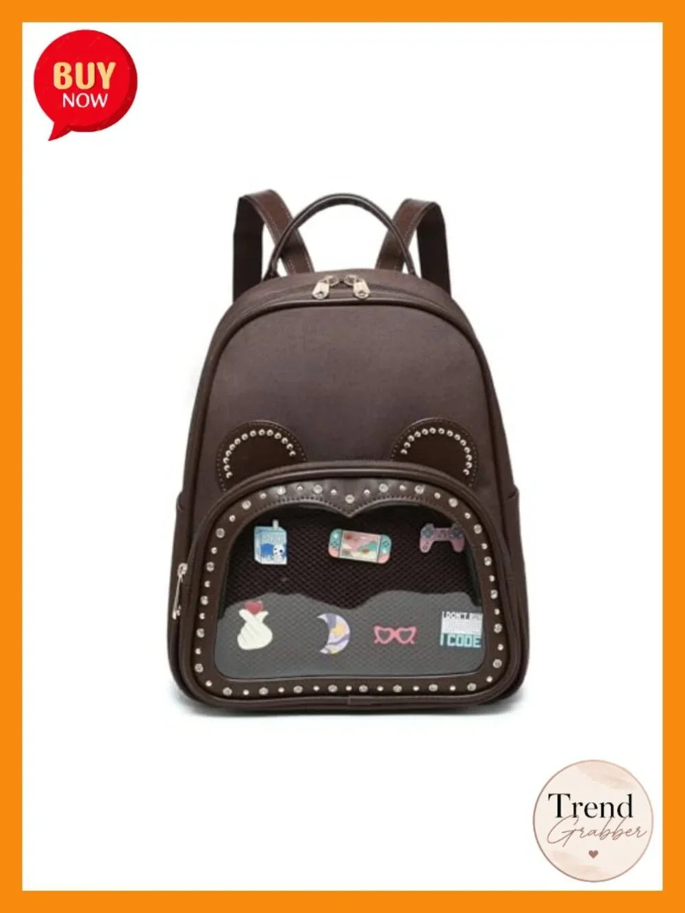 Kawaii Bear Ita Backpack Purse, Clear Pin Display Bag, Nylon Water Resistant